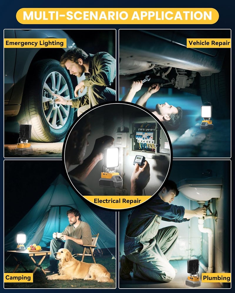 Ecarke 2 PCS Cordless LED Work Light Compatible with DeWALT 20V: 70W 7000LM Flashlight with USB & Type-C Charging Output Port, Portable Battery Flood Light for Job Site, Camping, Battery Not Included - Image 5